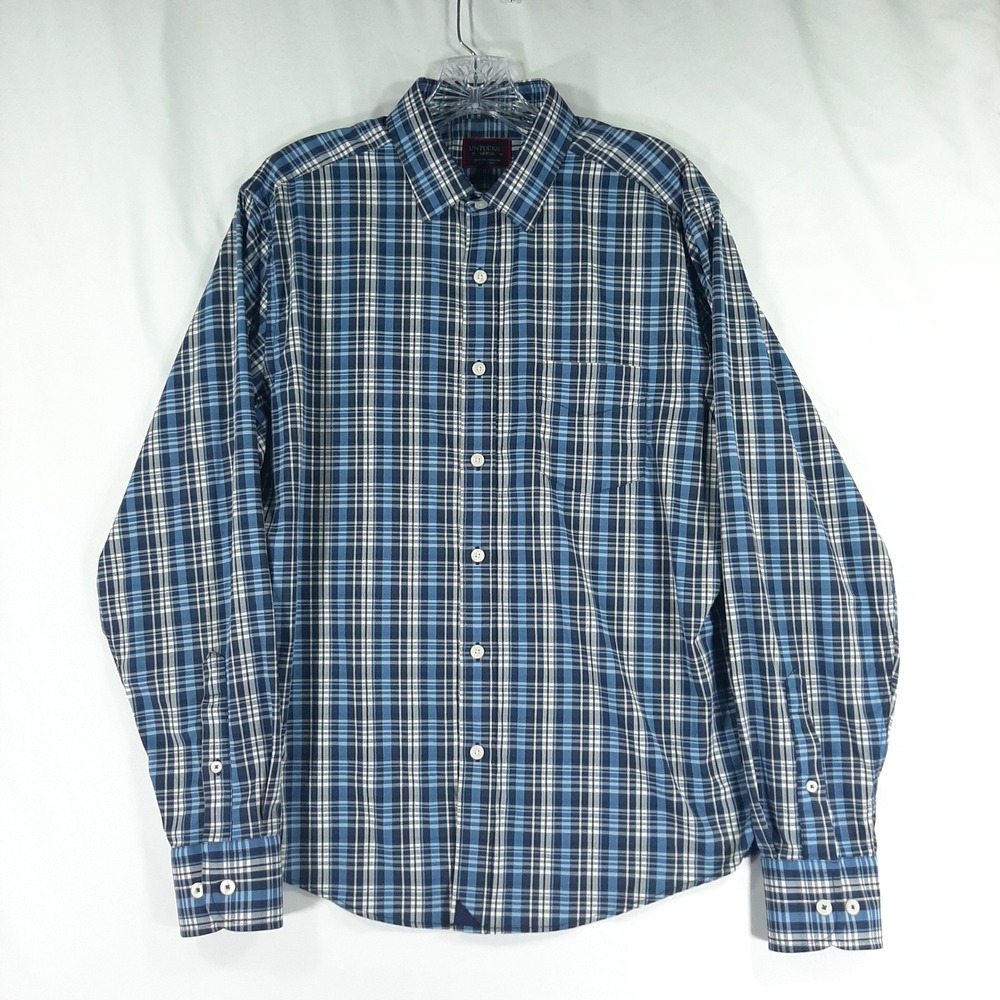 UNTUCKit Mens Med Reguar Fit Blue Plaid Performance Stretch Long Sleeve Shirt